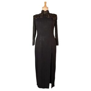 Vintage Black Metallic Lace Maxi Dress Women’s XL Long Sheer Sleeve Glam Retro